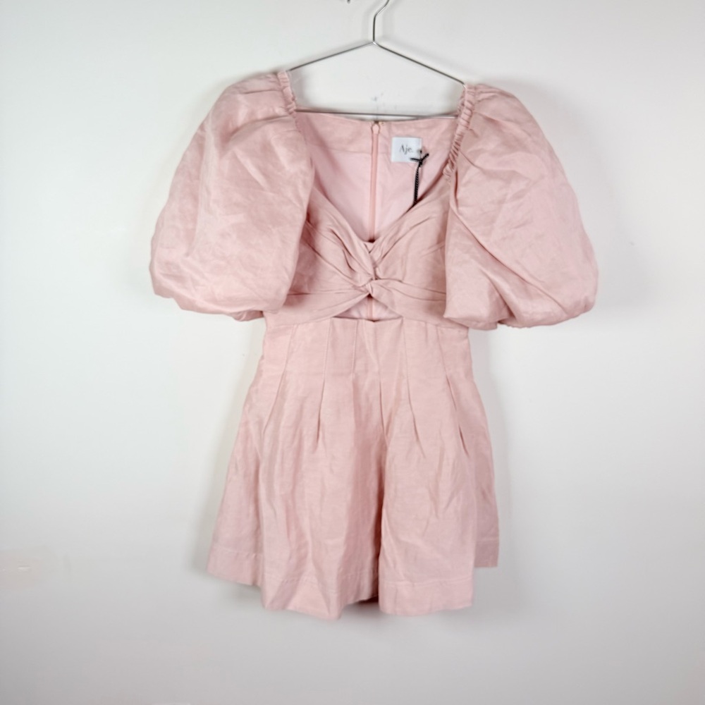 Aje. Dusk Knot Puff Sleeve Mini Dress in Blush - Picture 2 of 10